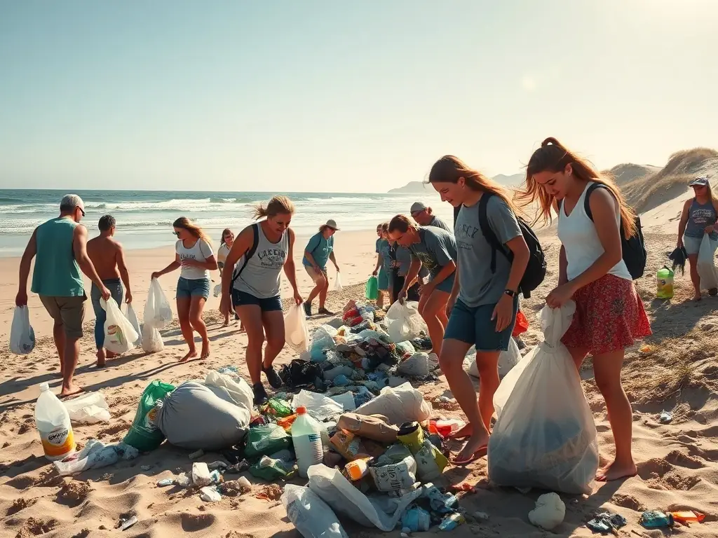 A group of volunteers participating in a beach cleanup activity in Saint-Georges-de-Didonne. The image should highlight community involvement and the tangible impact of the association's efforts.