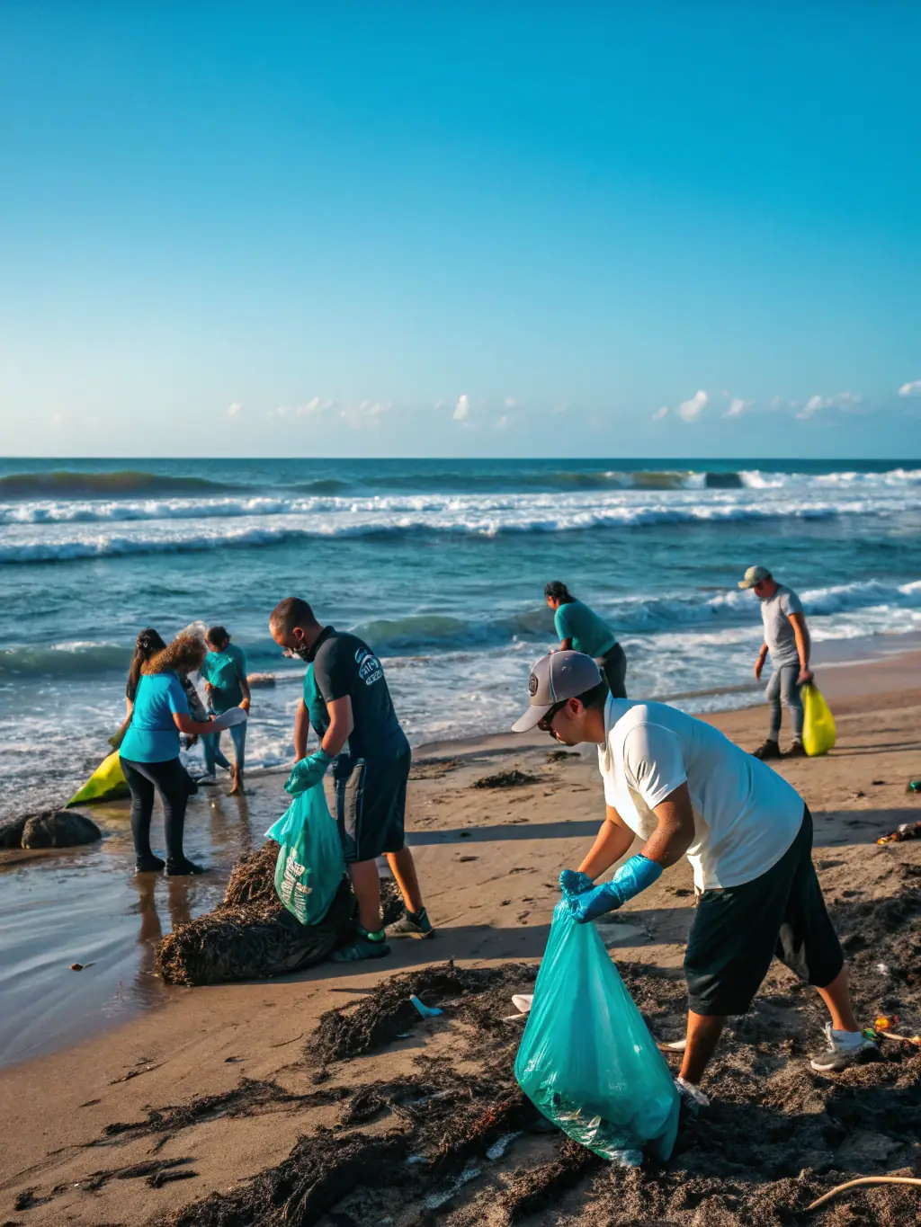 A vibrant photograph capturing volunteers cleaning up a section of the Saint-Georges-de-Didonne beach, removing plastic waste and debris, with the ocean in the background.