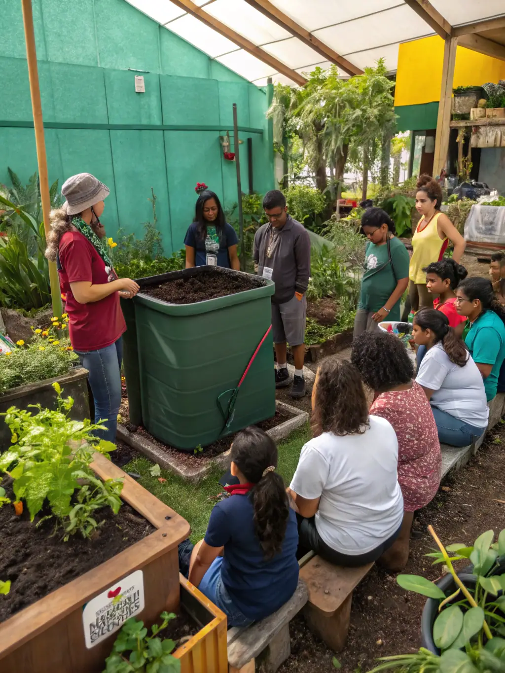 A photo of a workshop where community members are learning about sustainable gardening practices and composting techniques.